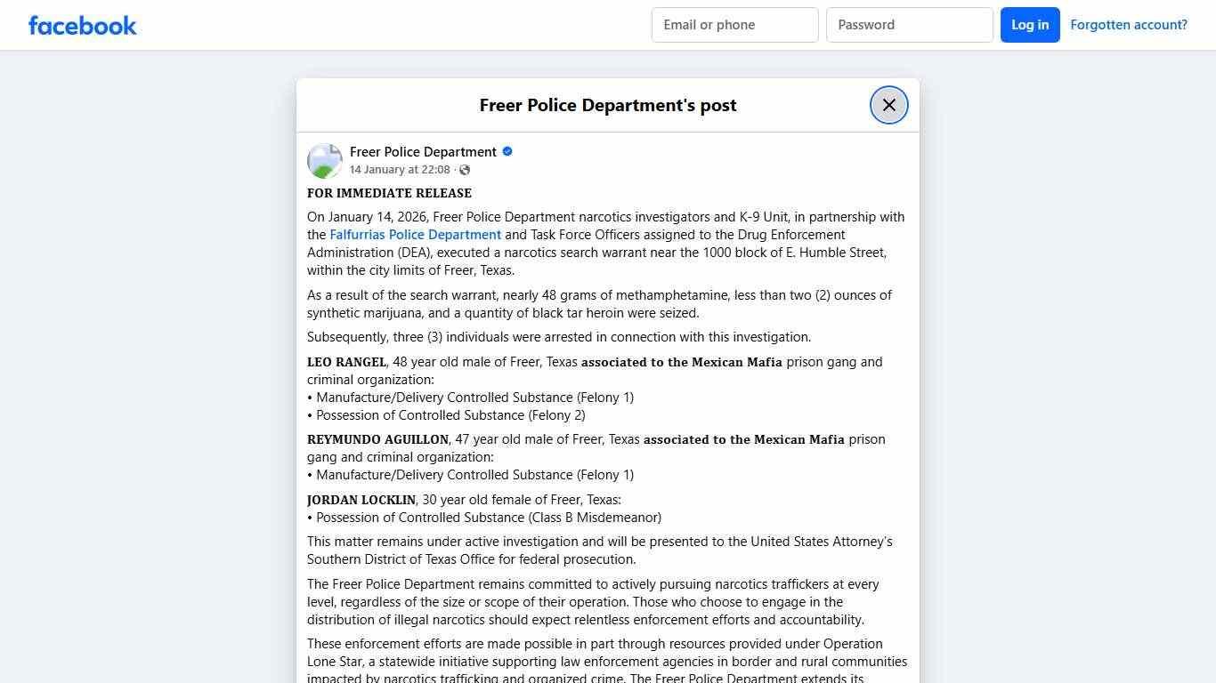 𝐅𝐎𝐑 𝐈𝐌𝐌𝐄𝐃𝐈𝐀𝐓𝐄 𝐑𝐄𝐋𝐄𝐀𝐒𝐄 On... - Freer Police Department Facebook